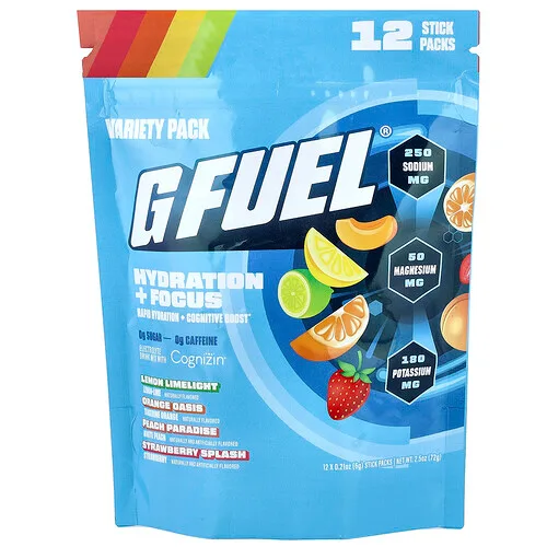 G FUEL, Hidratación y concentración, Mezcla para preparar bebidas con electrolitos con Cognizin®, Paquete surtido, 12 sobrecitos, 6 g (0,21 oz) cada uno