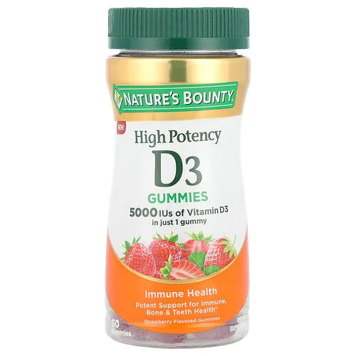 Nature's Bounty, Gomitas con vitamina D3, Alta potencia, Fresa, 5000 UI, 60 gomitas