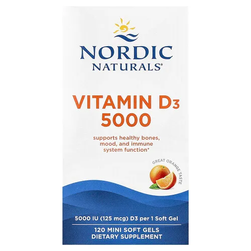 Nordic Naturals, Vitamina D3 5000, Naranja, 125 mcg (5000 UI), 120 minicápsulas blandas