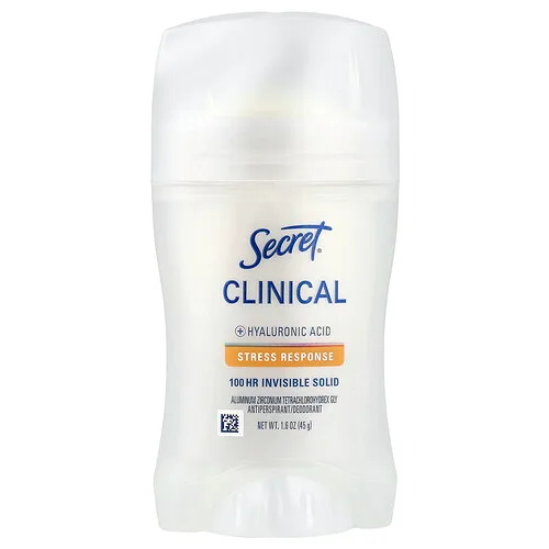 Secret, Clinical, Desodorante antitranspirante sólido invisible que protege por 100 horas, Respuesta al estrés, 45 g (1,6 oz)
