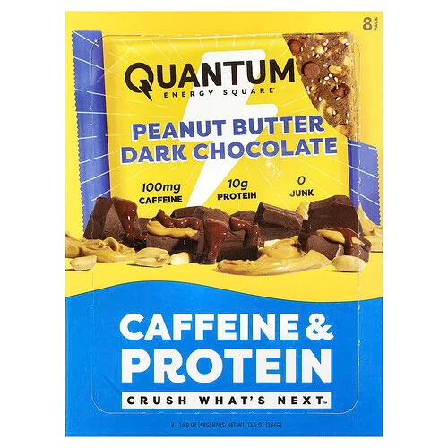 Quantum Energy Square, Barrita con cafeína y proteína, Mantequilla de maní y chocolate negro, 8 barritas, 48 g (1,69 oz) cada una