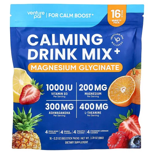 Venture Pal, Mezcla para preparar bebidas calmantes, Glicinato de magnesio, Variedad, 16 sobrecitos, 6 g (0,21 oz) cada uno