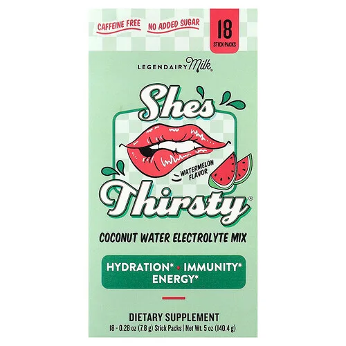 Legendairy Milk, She's Thirsty®, Mezcla de electrolitos de agua de coco, Sandía (caja), 18 sobrecitos, 7,8 g (0,28 oz) cada uno