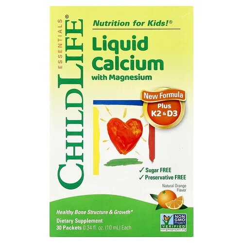 ChildLife Essentials, Calcio líquido con magnesio más vitaminas K2 y D3, Naranja natural, 30 sobres, 10 ml (0,34 oz. líq.)
