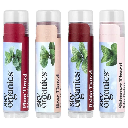 Sky Organics, Bálsamos labiales con color, Set de 4 paquetes, 4,25 g (0,15 oz) cada uno