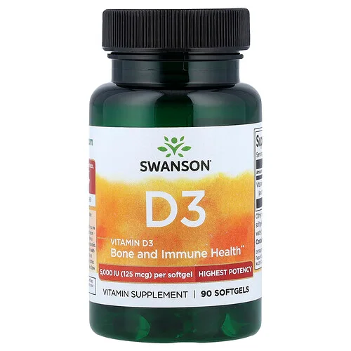 Swanson Vitamins, Vitamina D3, Máxima potencia, 125 mcg (5000 UI), 90 cápsulas blandas