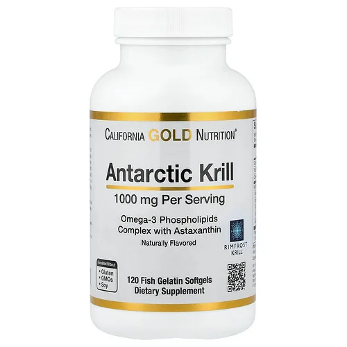 California Gold Nutrition, Aceite de kril antártico, Complejo de fosfolípidos de omega-3 con astaxantina, Sabor natural a fresa y limón, 120 cápsulas blandas de gelatina de pescado