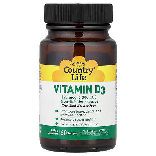 Country Life, Vitamina D3, 125 mcg (5,000 UI), 60 cápsulas blandas