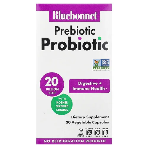 Bluebonnet Nutrition, Probiótico prebiótico, 30 cápsulas vegetales