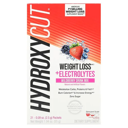 Hydroxycut, Mezcla para preparar bebidas con electrolitos para bajar de peso, Bayas silvestres, 21 sobrecitos, 2,5 g (0,09 oz) cada uno