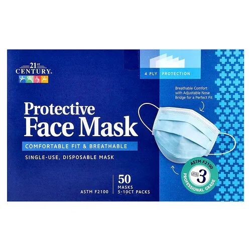 21st Century, Mascarilla protectora, ASTM F2100, Mascarillas desechables de un solo uso, 50 mascarillas, Paquetes de 5-10 unidades
