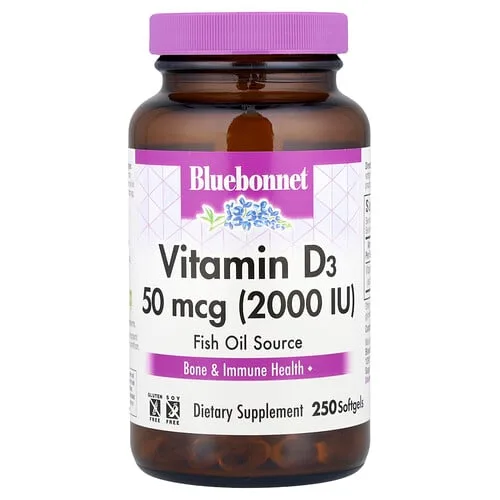Bluebonnet Nutrition, Vitamina D3, 2000 IU, 250 cápsulas blandas