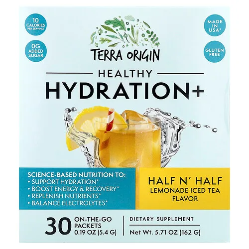 Terra Origin, Healthy Hydration+, Té helado de mitad y mitad de limonada, 30 sobres para llevar, 5,4 g (0,19 oz) cada uno