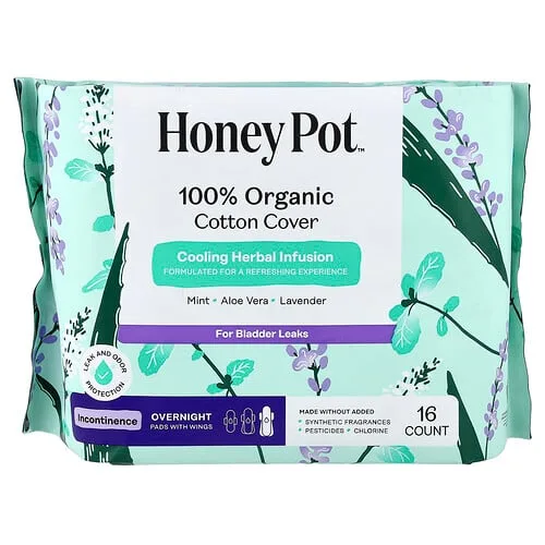 The Honey Pot Company, Infusión de hierbas refrescantes orgánicas, Toallas para incontinencia con alas, Para la incontinencia nocturna, 16 unidades