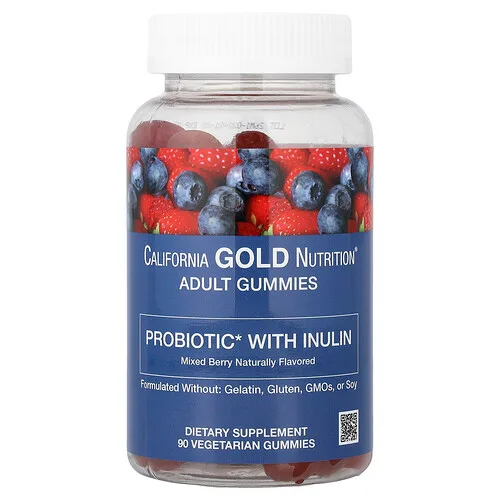 California Gold Nutrition, Gomitas de probióticos e inulina con mezcla de extractos de bayas, folato, vitamina C e inulina orgánica, Sabor natural a bayas mixtas, 90 gomitas vegetales