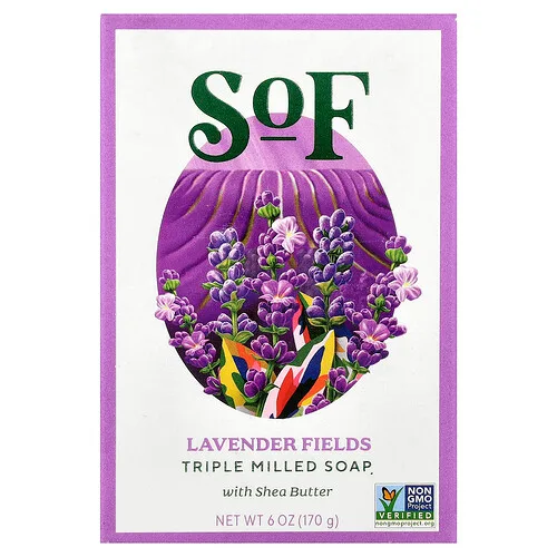 SoF, Barra de jabón de triple molienda con manteca de karité, Campos de lavanda, 170 g (6 oz)