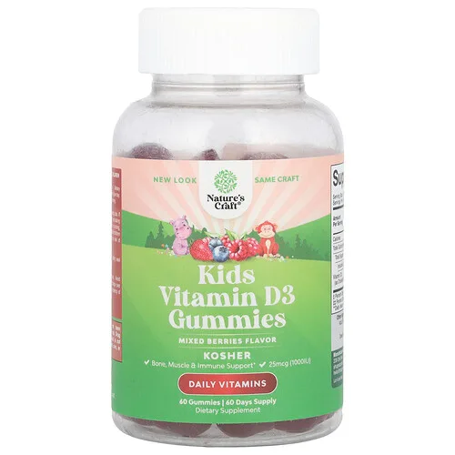 Nature's Craft, Gomitas con vitamina D3 para niños, Bayas mixtas, 25 mcg (1000 UI), 60 gomitas