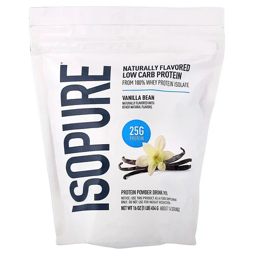 Isopure, Mezcla para preparar bebidas con proteínas en polvo con bajo contenido de carbohidratos, Vaina de vainilla, 454 g (1 lb)
