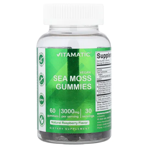 Vitamatic, Gomitas veganas de musgo marino, Frambuesa natural, 60 gomitas