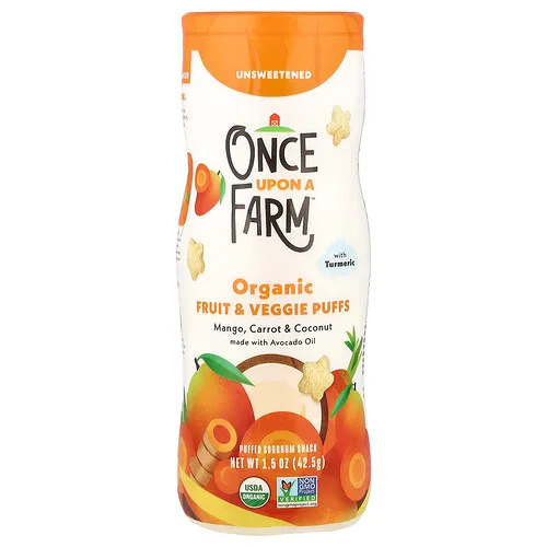 Once Upon A Farm, Bocadillos de frutas y vegetales orgánicos, Bocadillos, Mango, zanahoria y coco con cúrcuma, Sin endulzar, 42,5 g (1,5 oz)