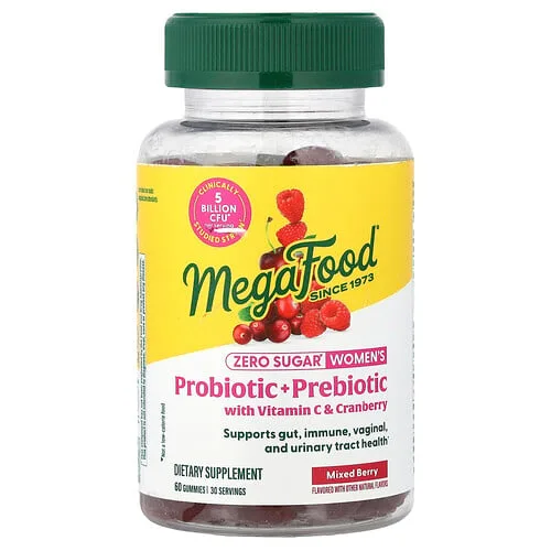 MegaFood, Gomitas probióticas y prebióticas con vitamina C y arándano rojo para mujeres, Bayas mixtas, 60 gomitas