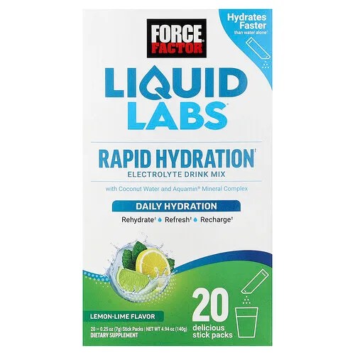 Force Factor, Liquid Labs™, Mezcla para preparar bebidas con electrolitos de hidratación rápida, Lima-limón, 20 sobrecitos, 7 g (0,25 oz) cada uno