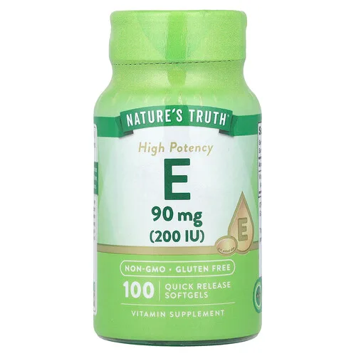 Nature's Truth, Vitamina E, Alta potencia, 90 mg (200 UI), 100 cápsulas blandas de liberación rápida