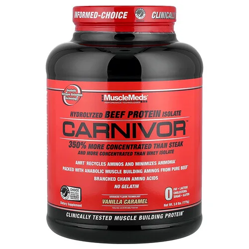 MuscleMeds, Carnivor™, Aislado de proteína de carne de res hidrolizada, Caramelo de vainilla, 1775 g (3,9 lb)