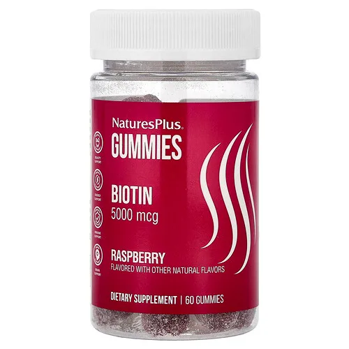 NaturesPlus, Gomitas de biotina, Frambuesa, 5000 mcg, 60 gomitas