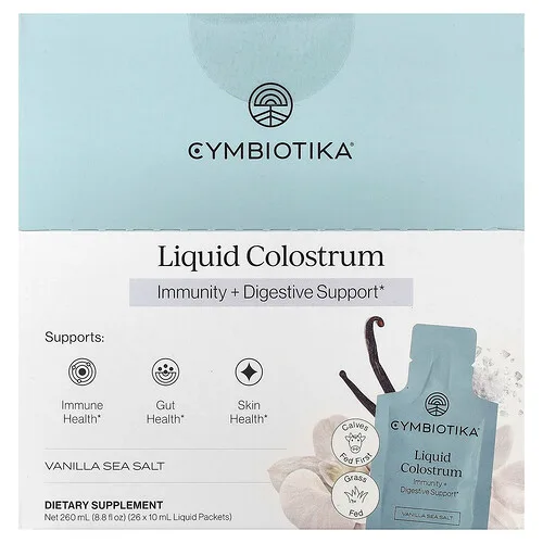 Cymbiotika, Calostro líquido, Vainilla y sal marina, 26 sobres líquidos, 10 ml (0,3 oz. líq.) cada uno