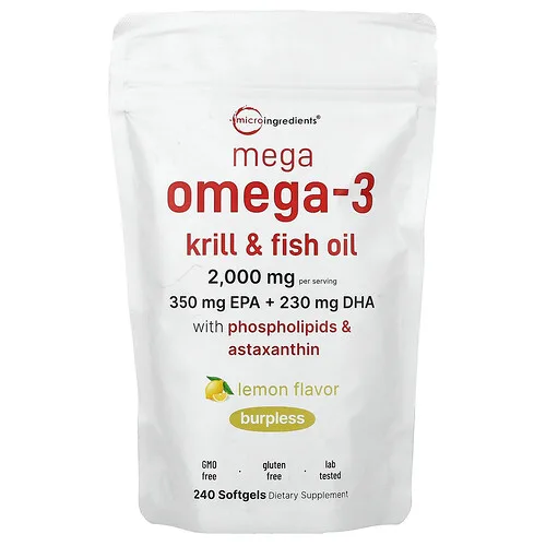 Micro Ingredients, Mega omega-3, Kril y aceite de pescado con fosfolípidos y astaxantina, Limón, 240 cápsulas blandas