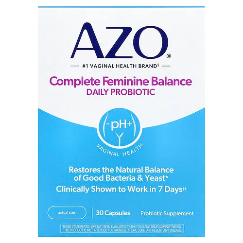 AZO, Complete Feminine Balance, Probiótico diario para lograr el equilibrio femenino completo, 5000 millones de cultivos activos, 30 cápsulas de una ingesta diaria