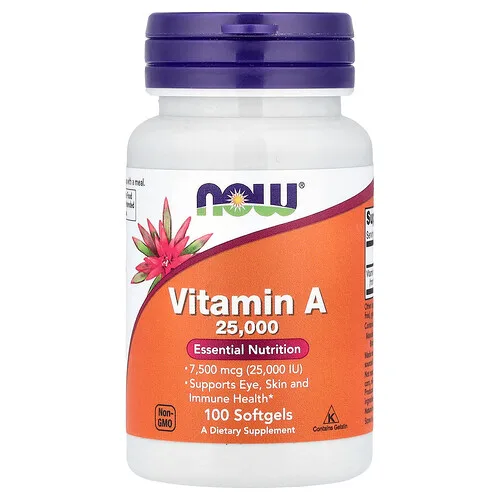 NOW Foods, Vitamina A, 7500 mcg (25.000 UI), 100 cápsulas blandas