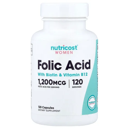 Nutricost, Mujeres, Ácido fólico con biotina y vitamina B12`` 120 cápsulas