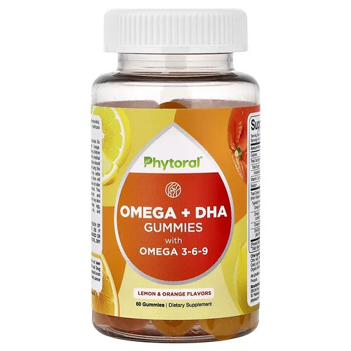 Phytoral, Gomitas con omega 3, 6 y 9, Limón y naranja, 60 gomitas con omega y DHA