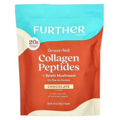 Further Food, Péptidos de colágeno proveniente de animales alimentados con pasturas y hongo reishi, Chocolate, 12 sobres, 23 g (0,81 oz) cada uno