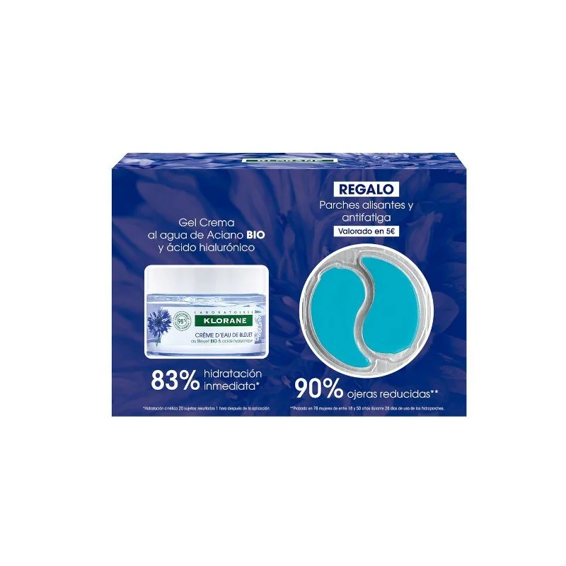 Klorane Gel Crema al Agua de Aciano BIO y Ácido Hialurónico 50 ml + Klorane Parches Alisantes y Antifatiga de REGALO
