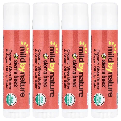 Mild By Nature, Sierra Bees™, Bálsamos labiales orgánicos, Manteca de karité y aceite de argán, 4 unidades, 4,25 g (0,15 oz) cada una