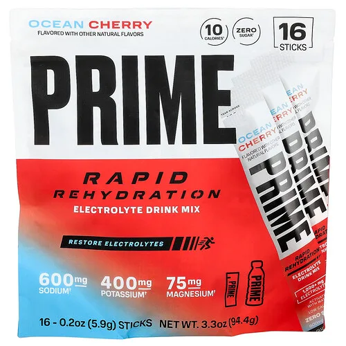 Prime Hydration, Rehidratación rápida, Mezcla para preparar bebidas con electrolitos, Cereza oceánica, 16 sobrecitos, 5,9 g (0,2 oz) cada uno