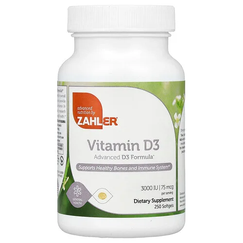 Zahler, Vitamina D3, Fórmula avanzada de vitamina D3, 75 mcg (3000 UI), 250 cápsulas blandas