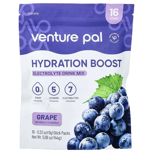 Venture Pal, Hydration Boost, Mezcla para preparar bebidas con electrolitos, Uva, 16 sobrecitos, 9 g (0,32 oz) cada uno
