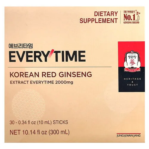 JungKwanJang, Extracto de ginseng rojo coreano, Everytime, 30 barritas, 10 ml (0,34 oz. líq.) cada una