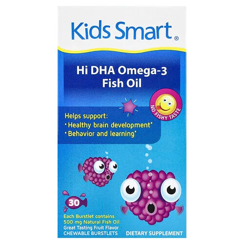 Kids Smart, Kids Smart®, Aceite de pescado con alto contenido de omega-3 DHA, Frutas, 30 cápsulas masticables “burstlet”