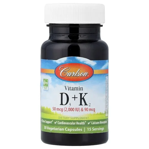Carlson, Vitaminas D3 y K2, 30 cápsulas vegetales