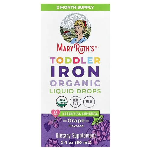 MaryRuth's, Hierro orgánico en gotas líquido para niños pequeños, De 1 a 3 años, Uva, 60 ml (2 oz. líq.)