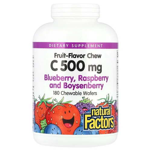 Natural Factors, Vitamina C masticable con sabor a fruta, Arándano azul, frambuesa y baya de Boysen, 500 mg, 180 obleas masticables