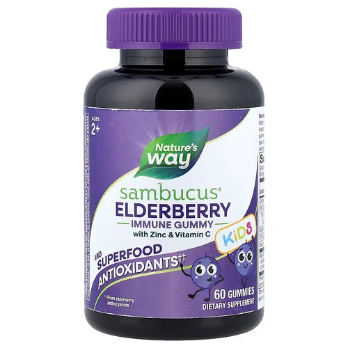 Nature's Way, Sambucus® Kids, Gomitas con zinc y vitamina C para favorecer el sistema inmunitario, Para niños mayores de 2 años, Saúco, 60 gomitas