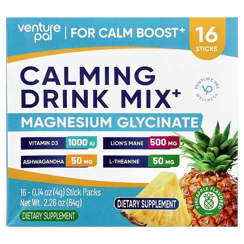 Venture Pal, Mezcla para preparar bebidas calmantes, Glicinato de magnesio, Piña, 16 sobrecitos, 4 g (0,14 oz) cada uno