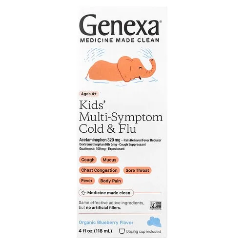 Genexa, Resfriado y gripe con múltiples síntomas para niños, De 4 años en adelante, Arándano azul orgánico, 118 ml (4 oz. líq.)