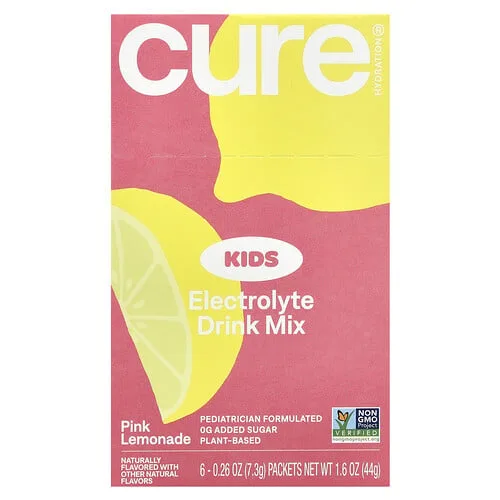 Cure Hydration, Niños, Mezcla para preparar bebidas con electrolitos, Limonada rosa, 6 sobres, 7,3 g (0,26 oz) cada uno